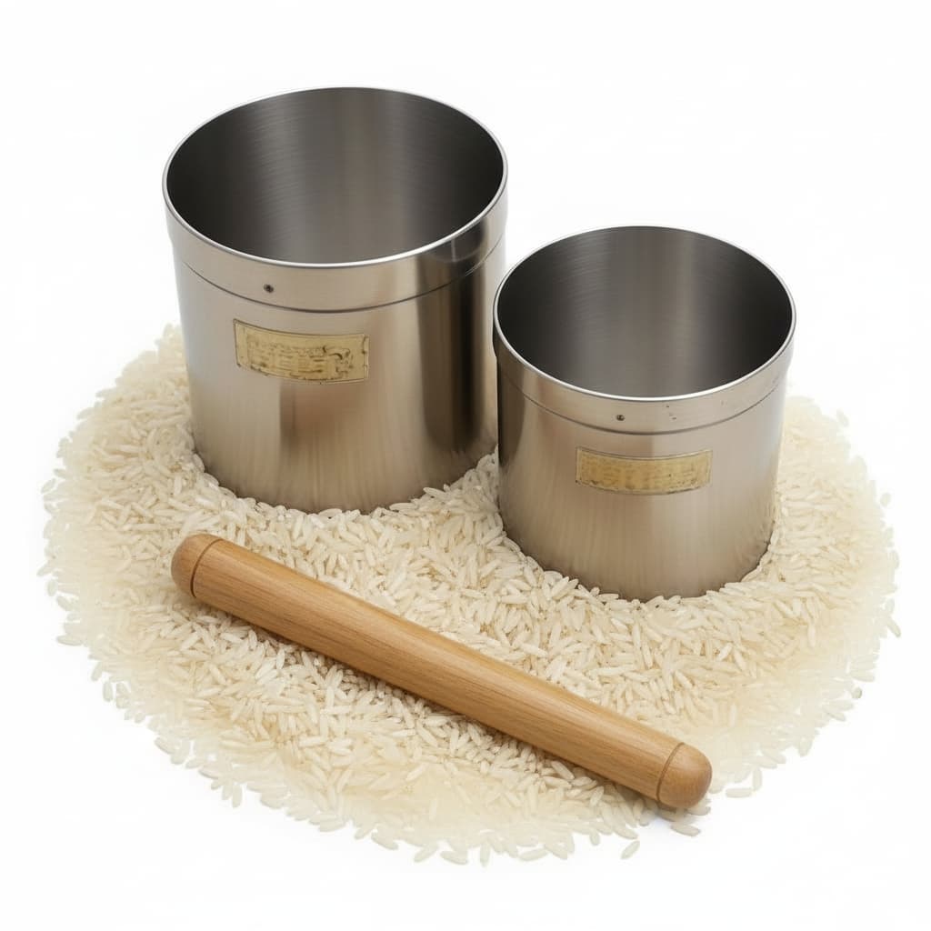 Takaran Beras Stainless 1 Set 1 Liter + 1/2 Liter | Alat Takar Beras + Perata Kayu